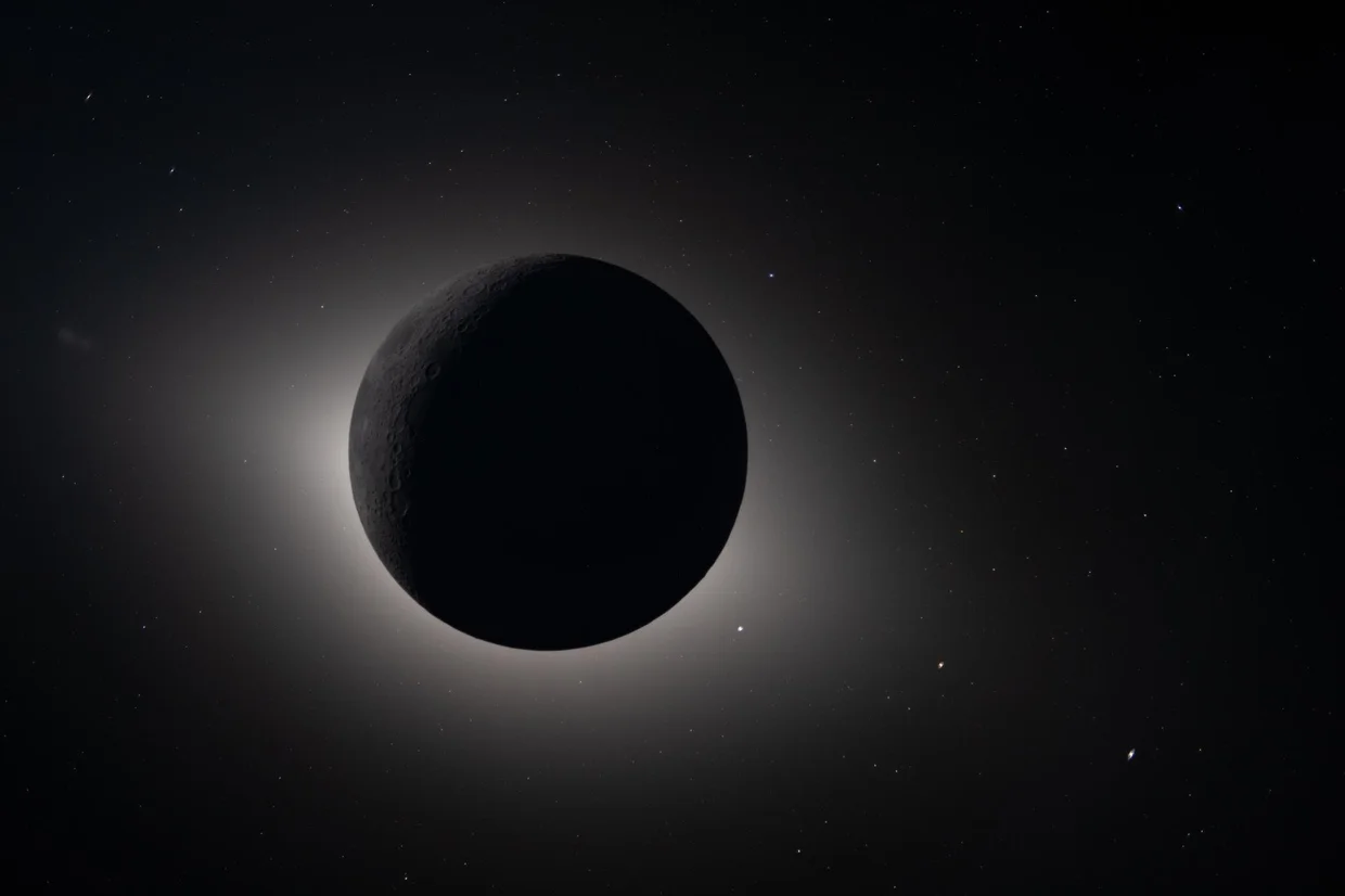 A high-fidelity photograph from the Orion CM-003 (Integrity) during the deep-space lunar flyby. The Moon is a black void perfectly occulting the Sun, leaving a jagged, electric-white solar halo against the silence of space. Timestamp: 07 APR 2026 | 00:49:00 UTC. Captured during the Loss of Signal (LOS) window as Victor Glover remarked, "Humans have not evolved to see what we are seeing." The image represents the peak visual record before the system’s internal 01:11:00 UTC numeric pulse.